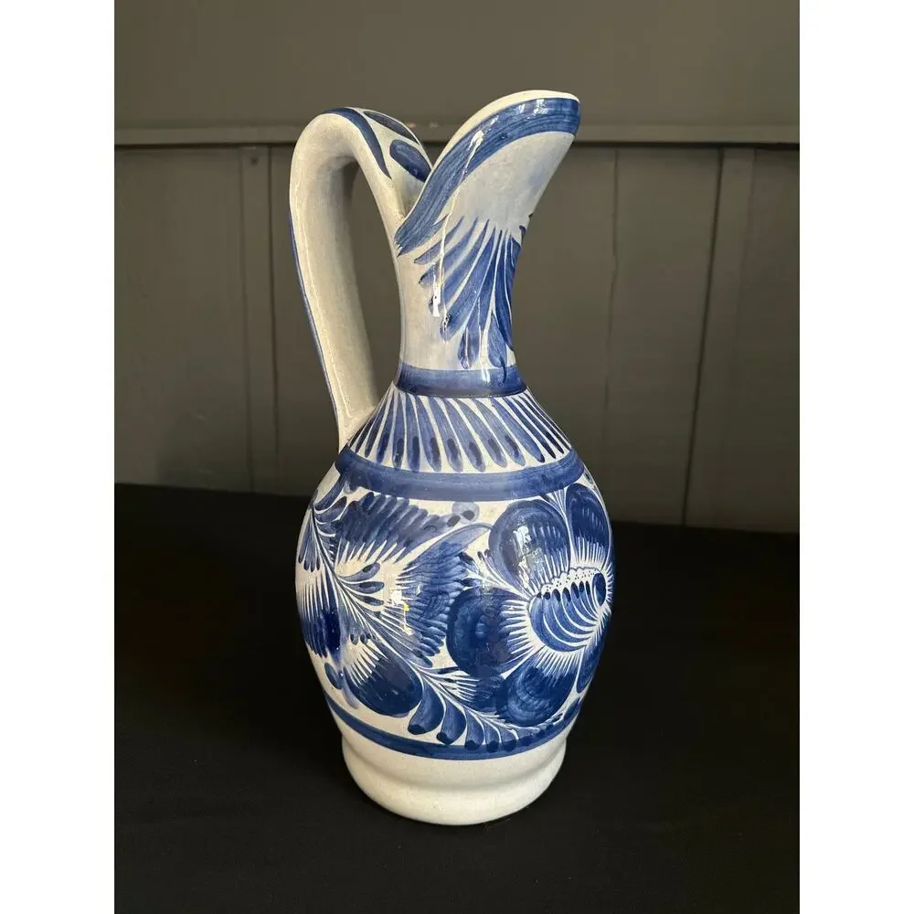 Vintage Mexican Hand Painted Blue Large Pitcher Folk Art Pottery Puebla Mexico